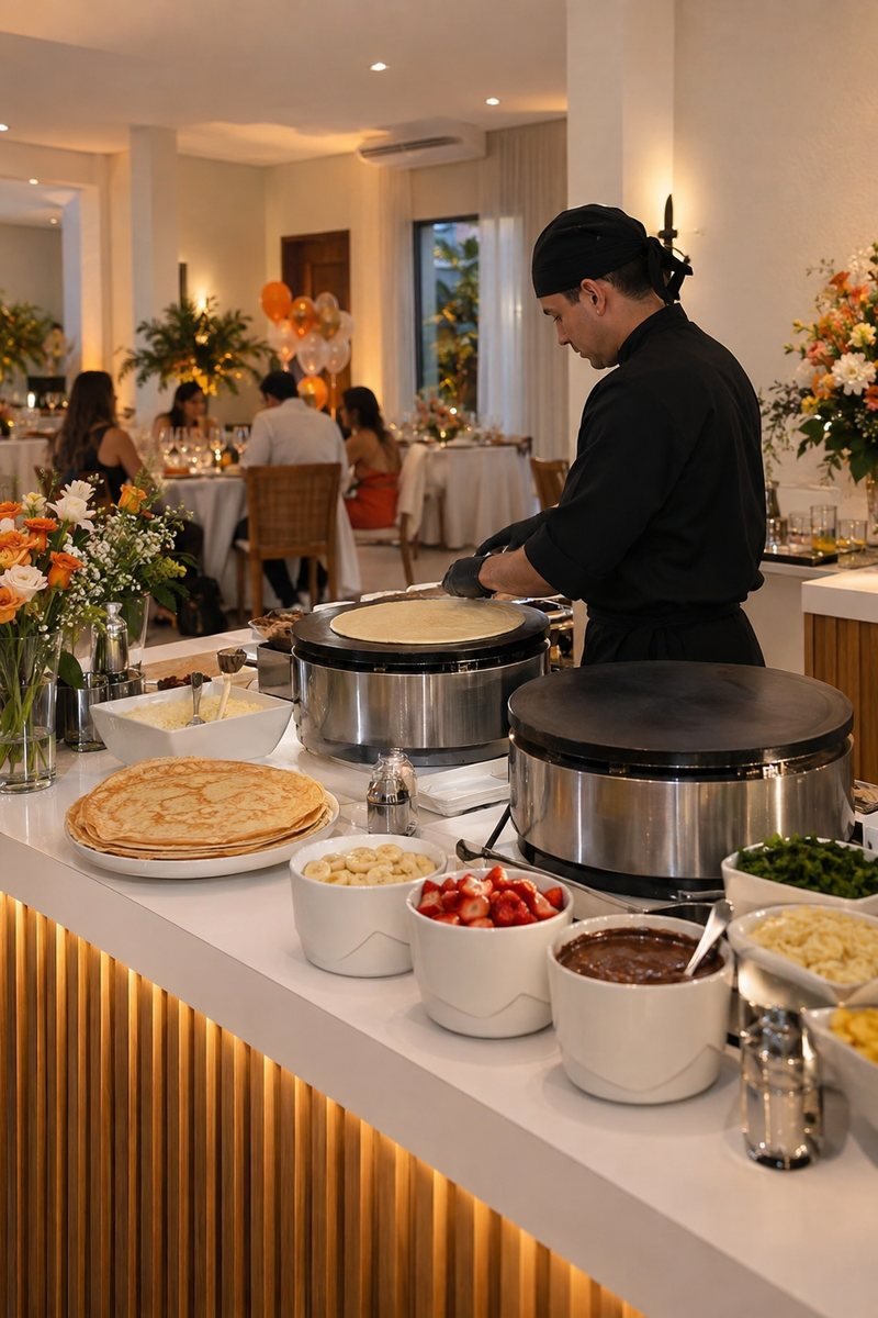 Estação de crepes organizada em uma celebração elegante