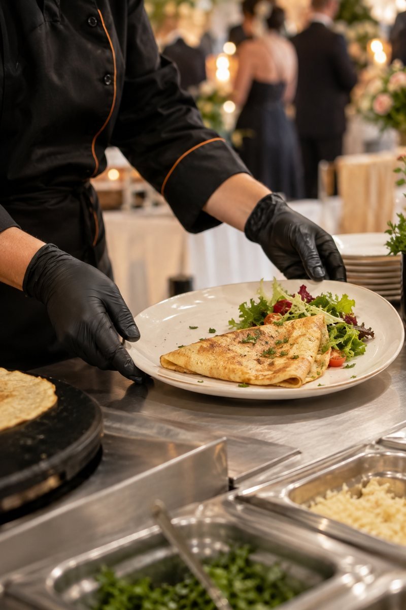 Crepe preparado e servido com salada durante um evento