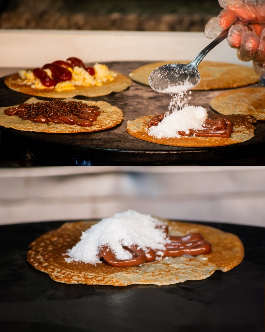 Crepes doces com chocolate e coco ralado sendo finalizados na chapa
