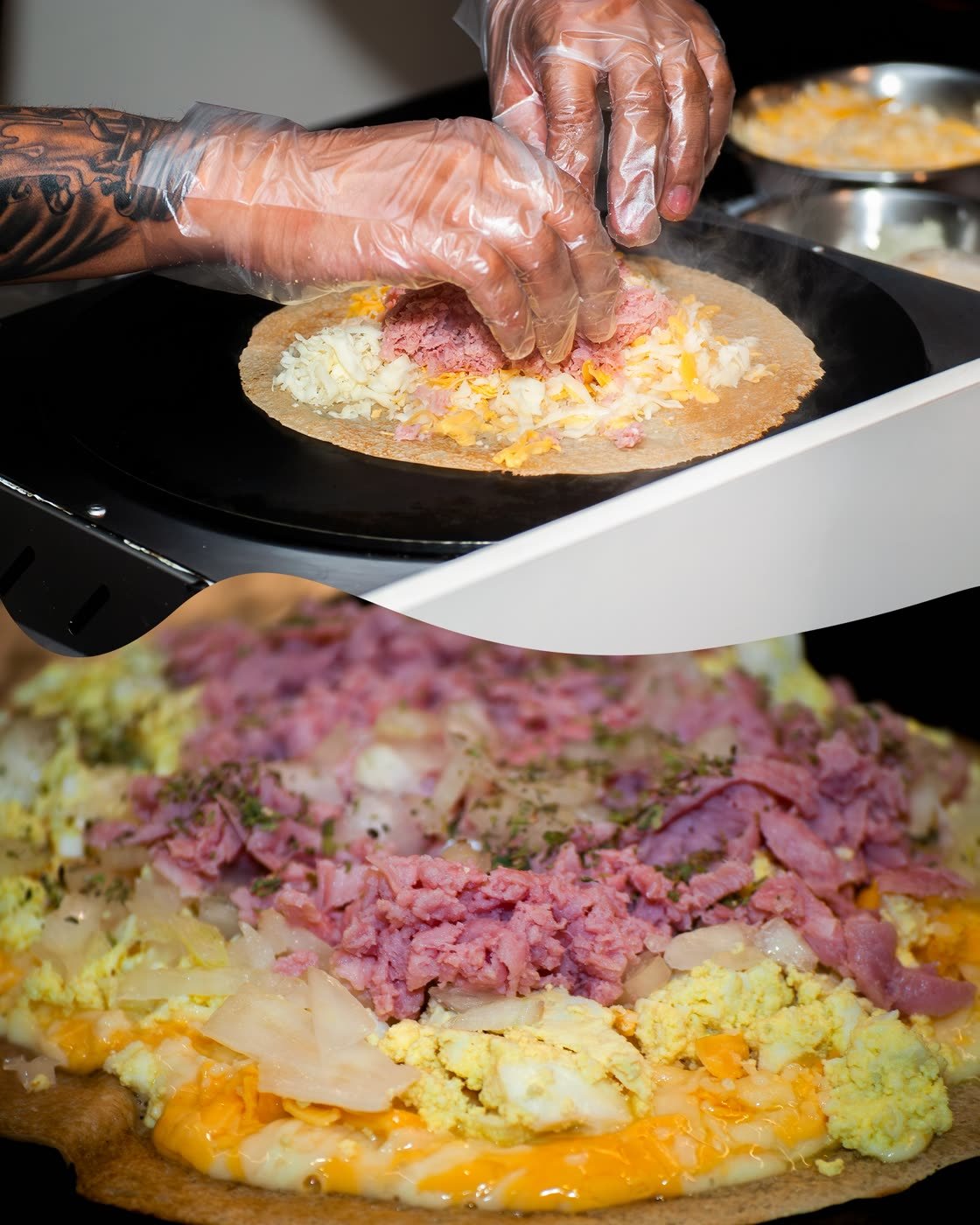 Recheio de presunto, ovos e queijos sendo montado sobre o crepe